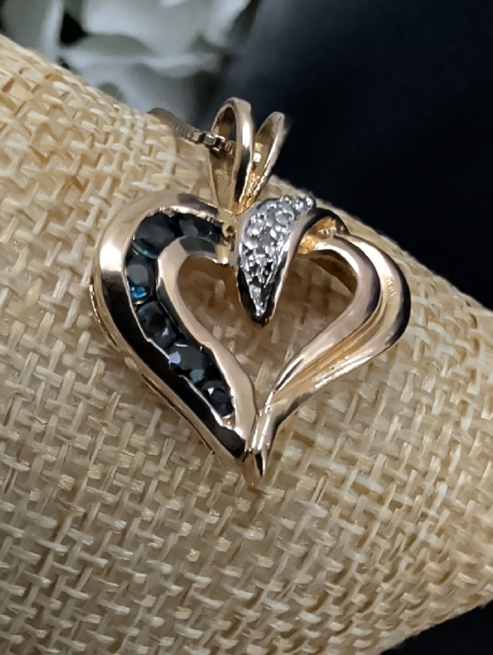 925 Gold Vermeil Dark Sapphire Diamond Accent Open Heart Pendant Necklace